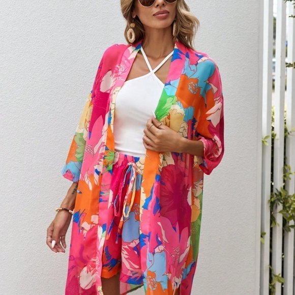 Multicolor Vacation Style Womens Floral Print Kimono & Tie Front Shorts - Picture 5 of 6